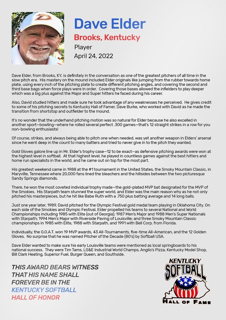 Elder, Dave, Kentucky Softball Hall of Fame