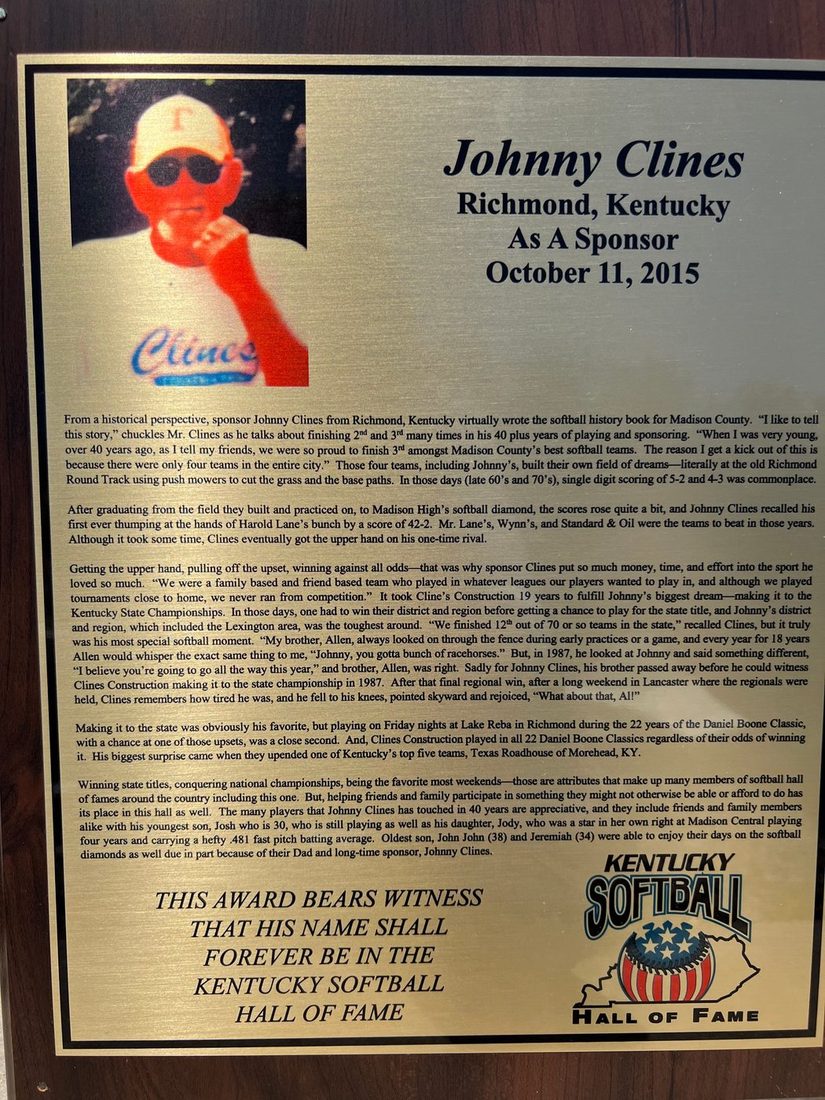 Clines, Johnny, Kentucky Softball Hall of Fame
