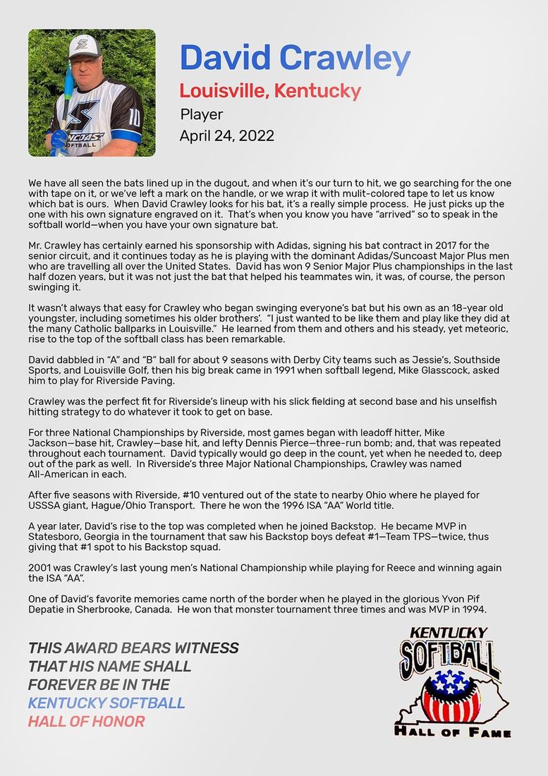 Crawley, David, Kentucky Softball Hall of Fame